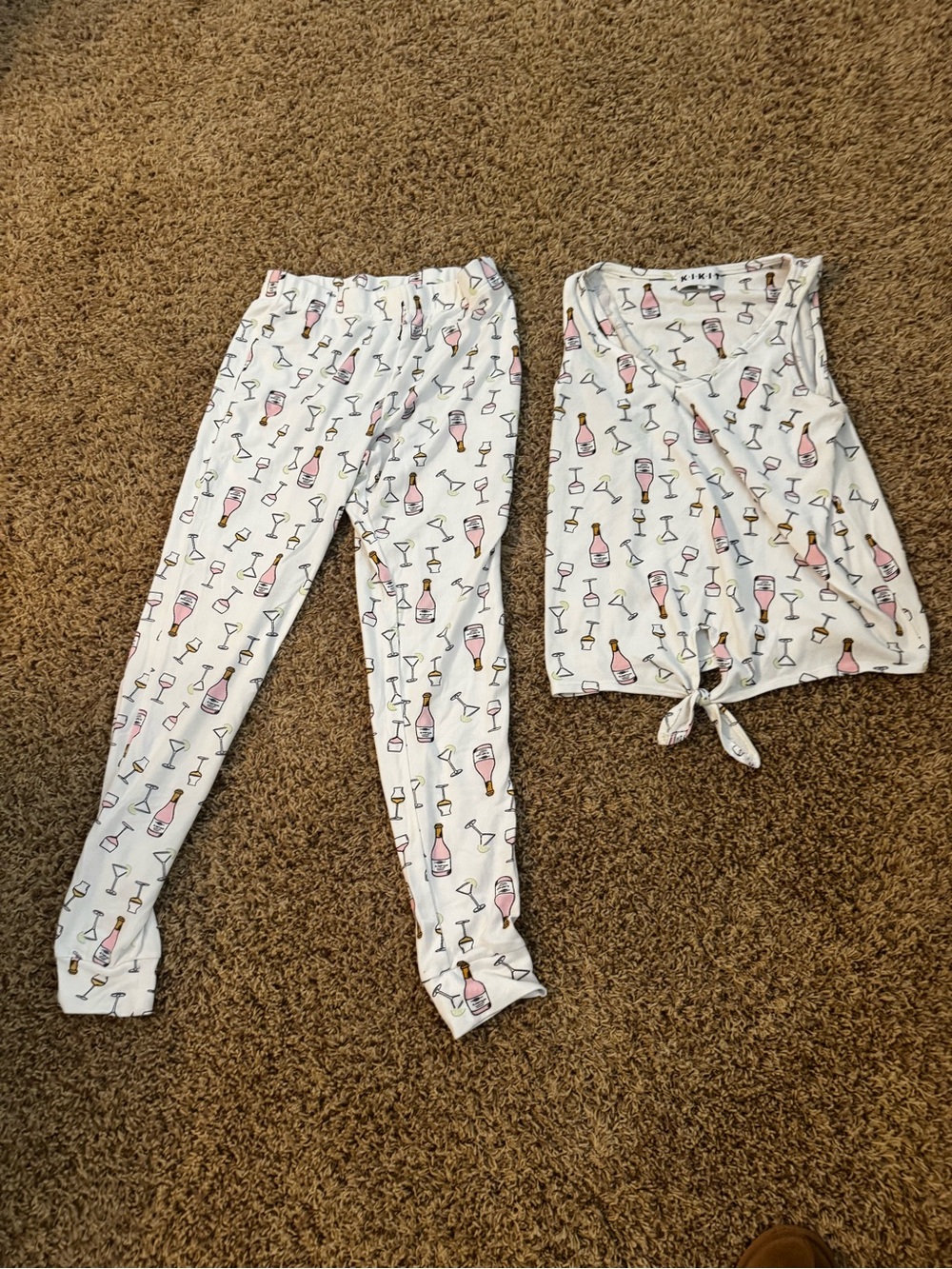 White Pajama Tank & Jogger Set with Pink Champagne Print